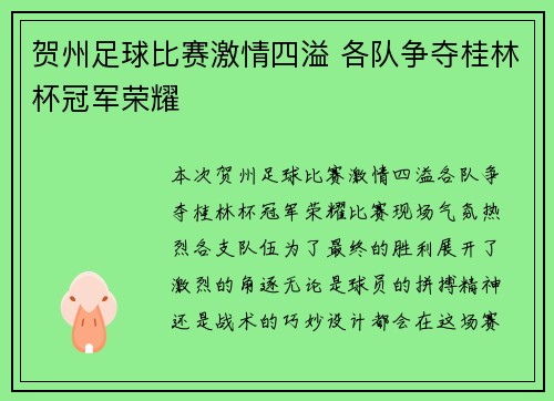 贺州足球比赛激情四溢 各队争夺桂林杯冠军荣耀