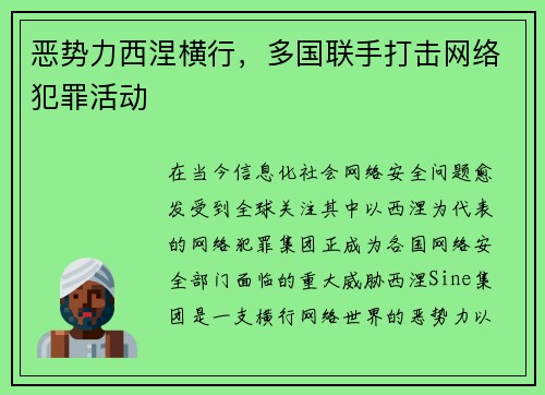 恶势力西涅横行，多国联手打击网络犯罪活动