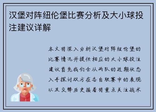 汉堡对阵纽伦堡比赛分析及大小球投注建议详解