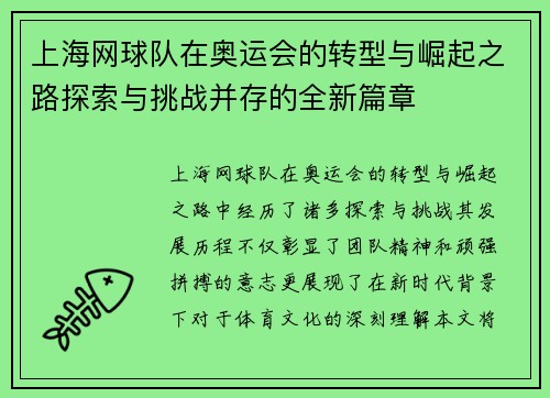 上海网球队在奥运会的转型与崛起之路探索与挑战并存的全新篇章